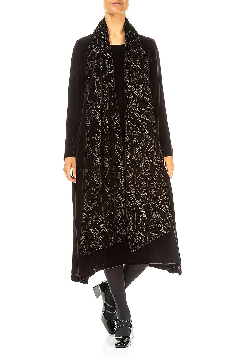 Black Silver Devoré Feather Silk Velvet Scarf