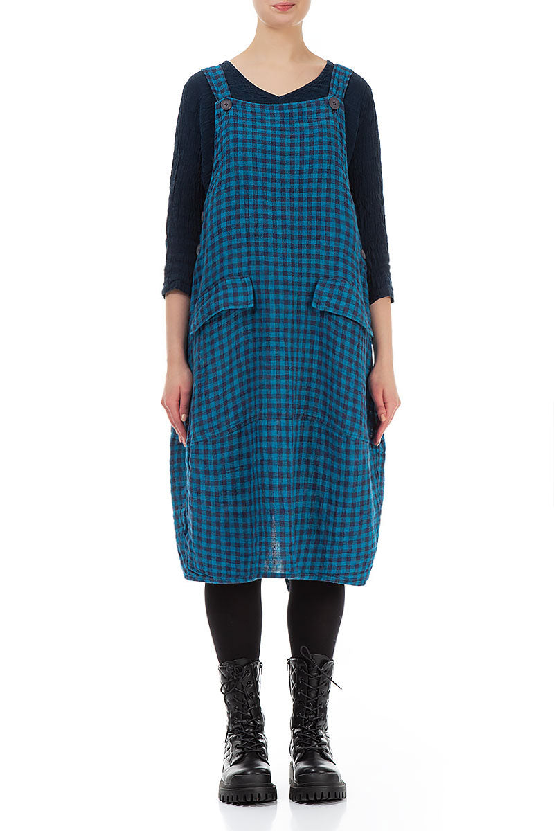 Blue Check Linen Dungaree Dress 1