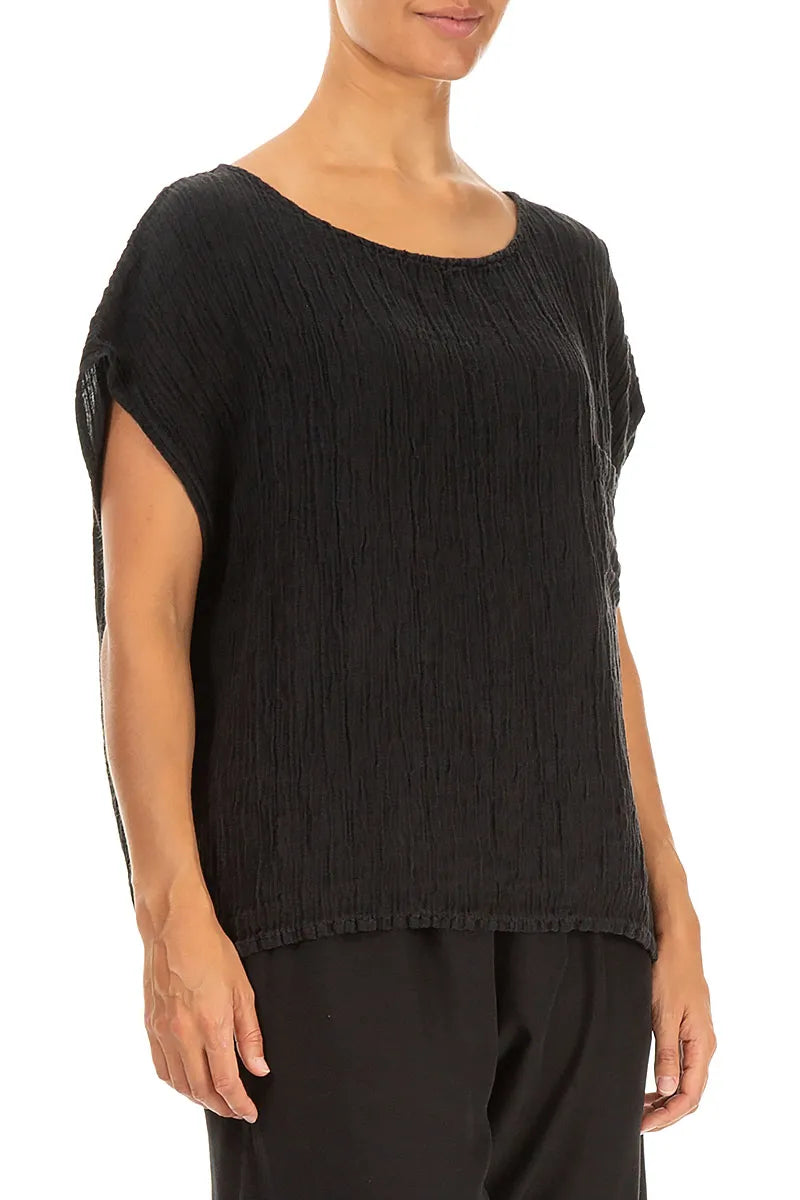 Boxy Black Crinkled Silk Blouse 3