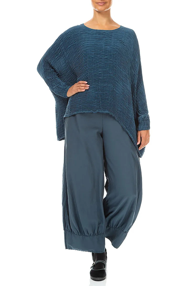 Boxy Deep Turquoise Plissé Silk Blouse