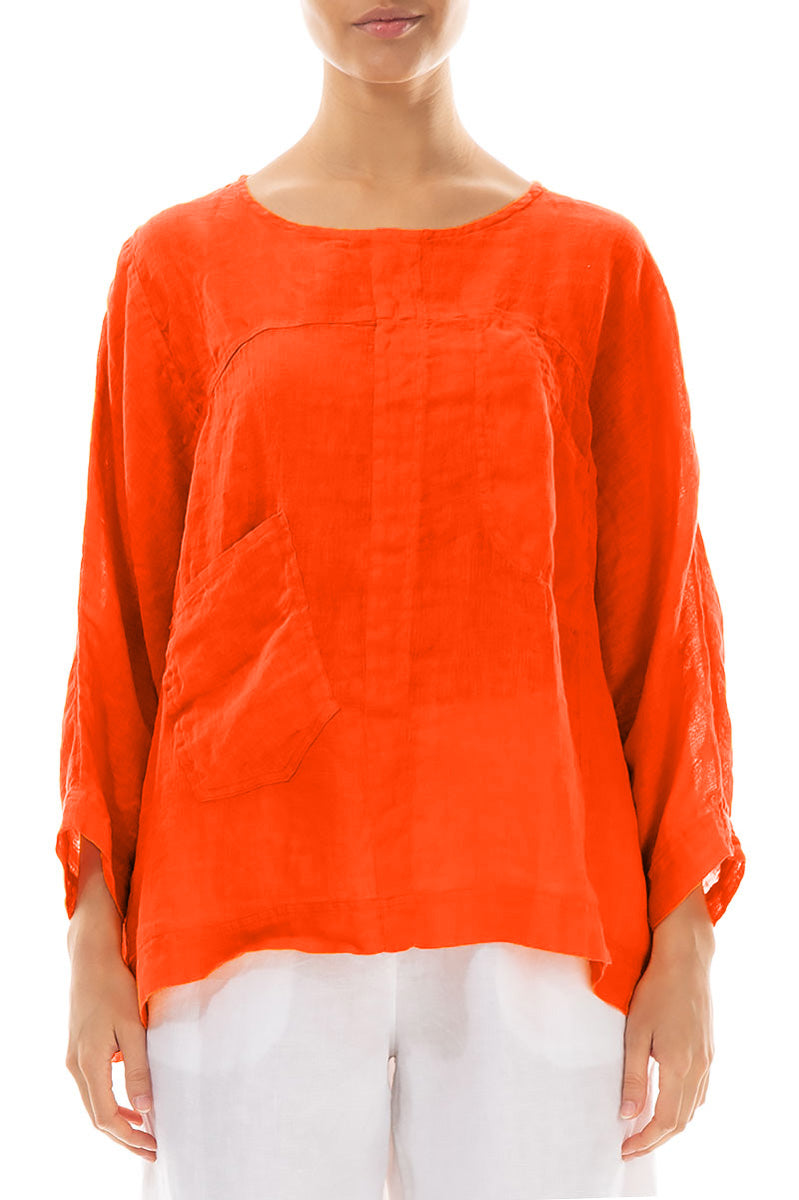 Kastige Flammenorange-Gaze-Leinenbluse