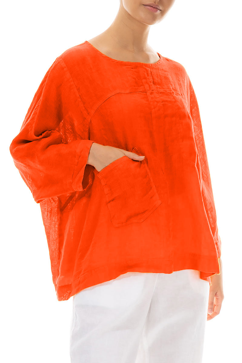 Kastige Flammenorange-Gaze-Leinenbluse