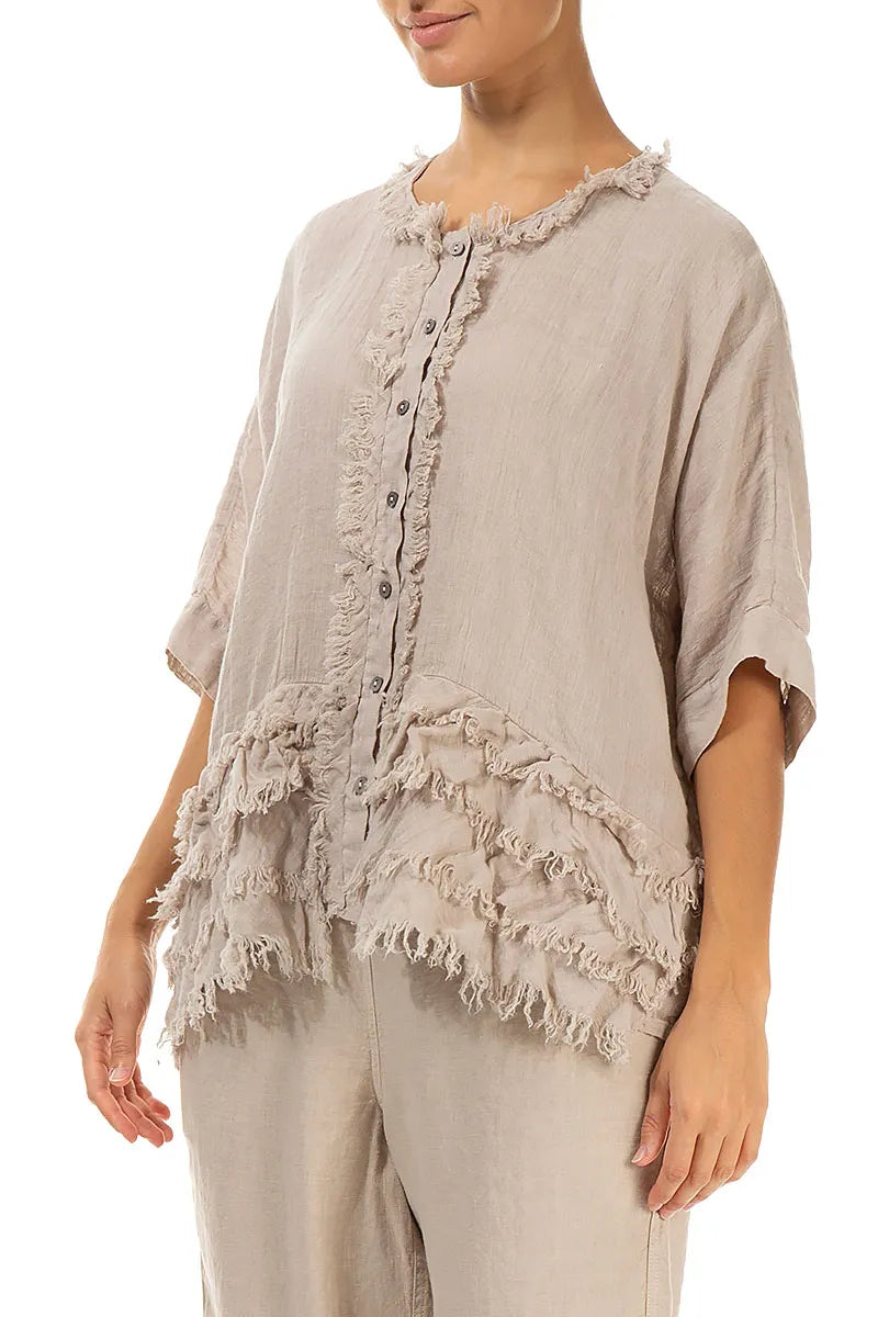 Boxy Frayed Edge Beige Gauze Linen Blouse 3