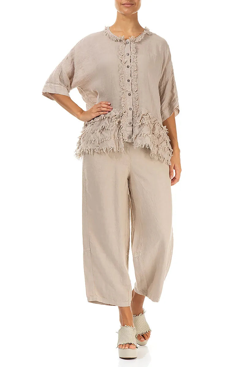 Boxy Frayed Edge Beige Gauze Linen Blouse 4