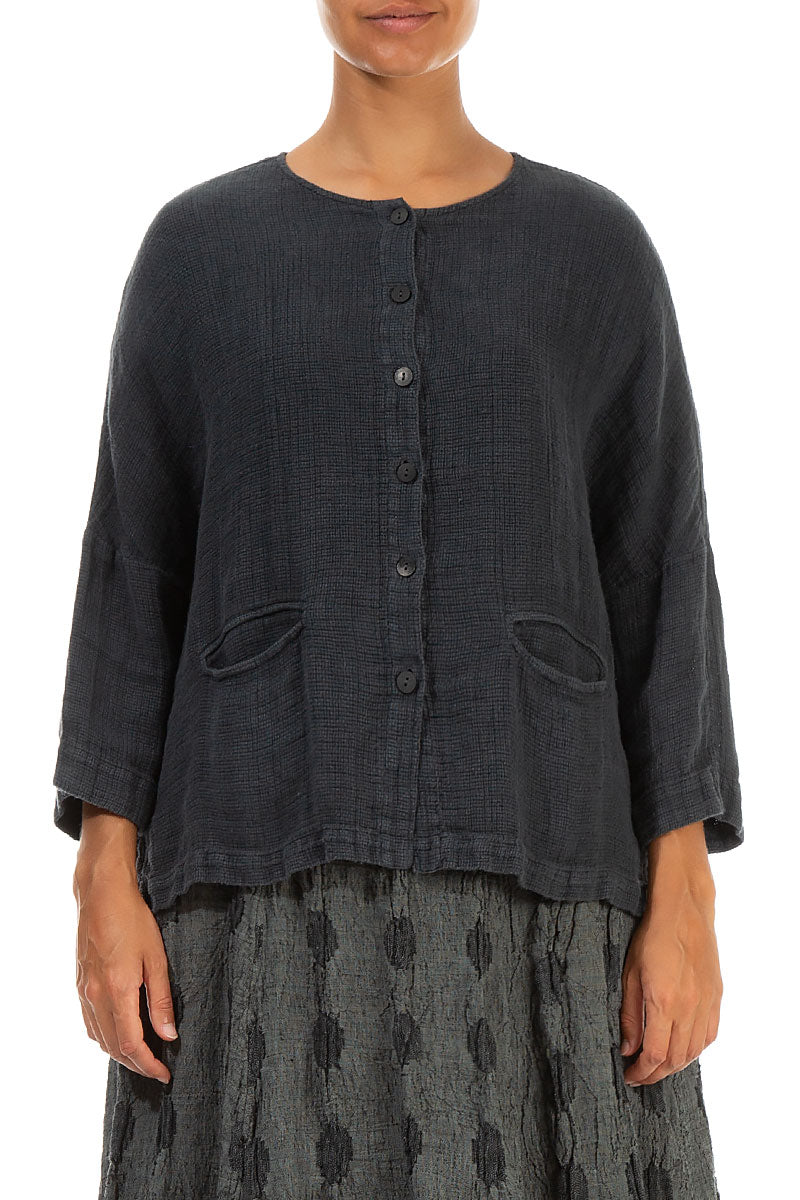 Boxy Graphite Textured Linen Jacket Blouse 1