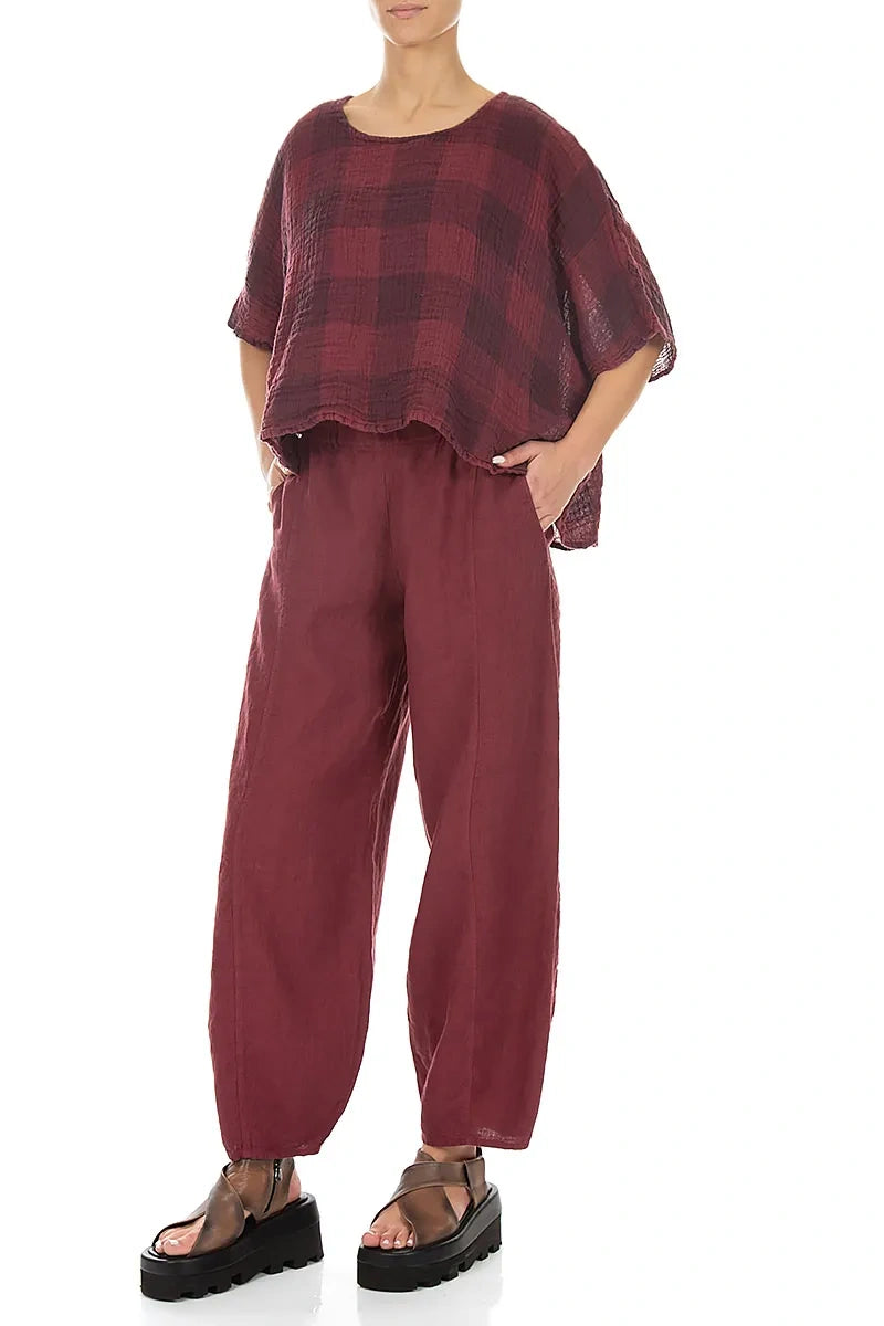 Kastenförmig geschnittene Bluse aus Leinen mit großem Karomuster in Antikrubinrot