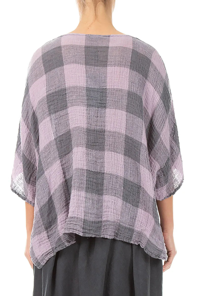 Boxy Large Check Lilac Gauze Linen Blouse 2