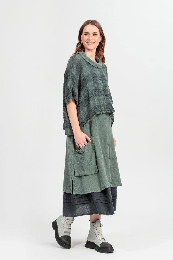 Boxy Large Check Sage Gauze Linen Blouse 1