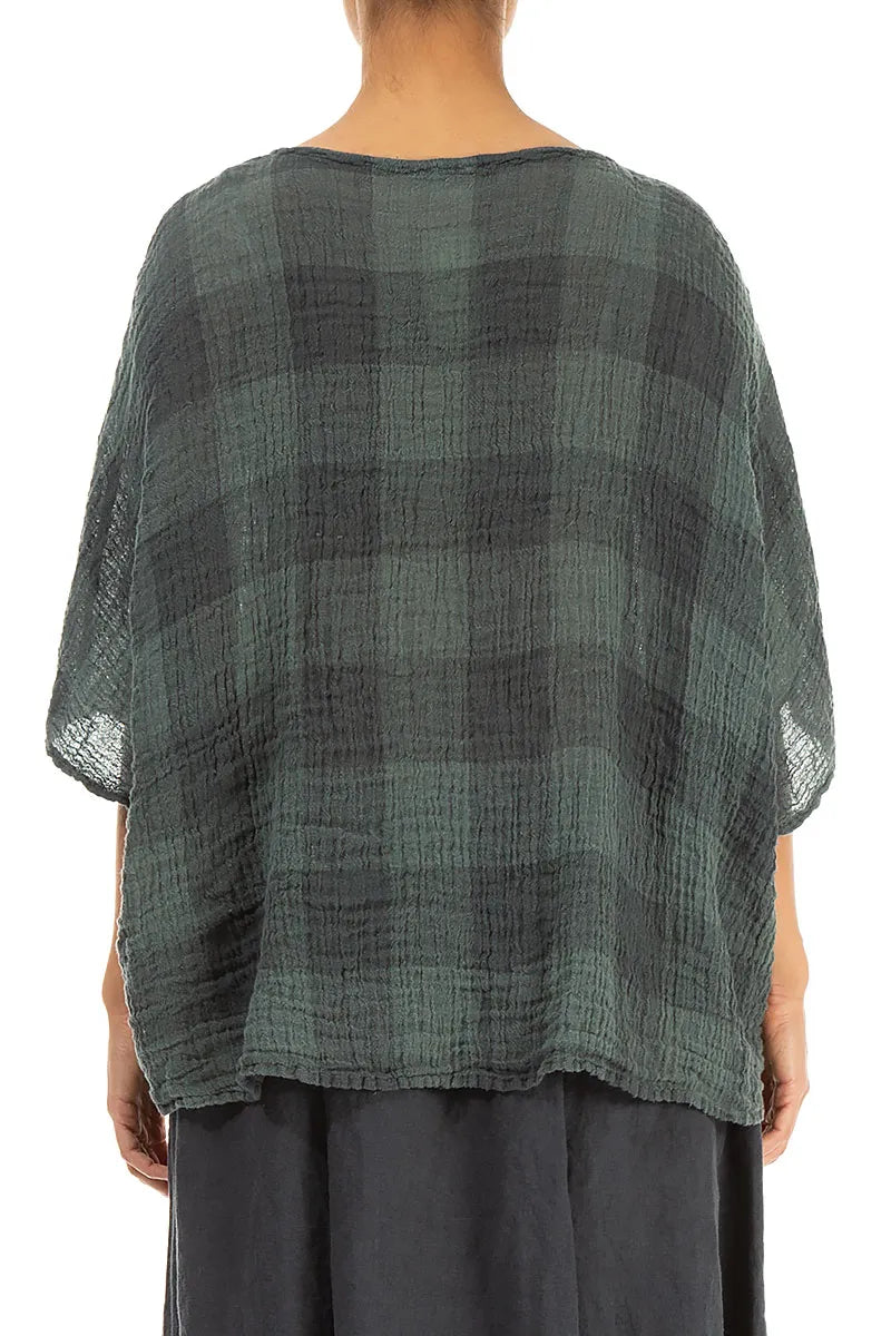 Boxy Large Check Sage Gauze Linen Blouse 3