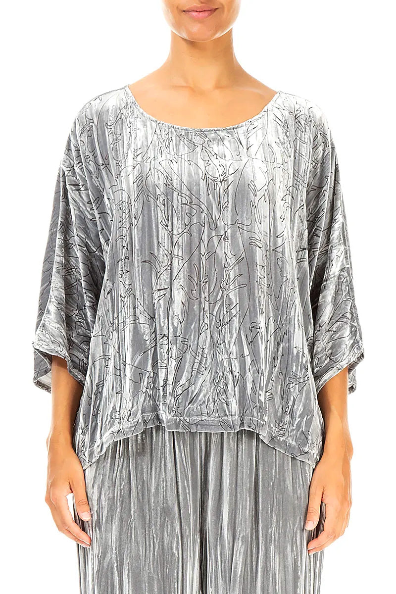 Boxy Silver Devoré Feather Silk Velvet Blouse 1