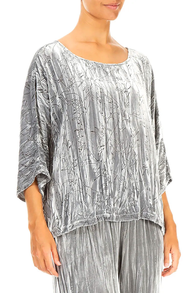 Boxy Silver Devoré Feather Silk Velvet Blouse 3