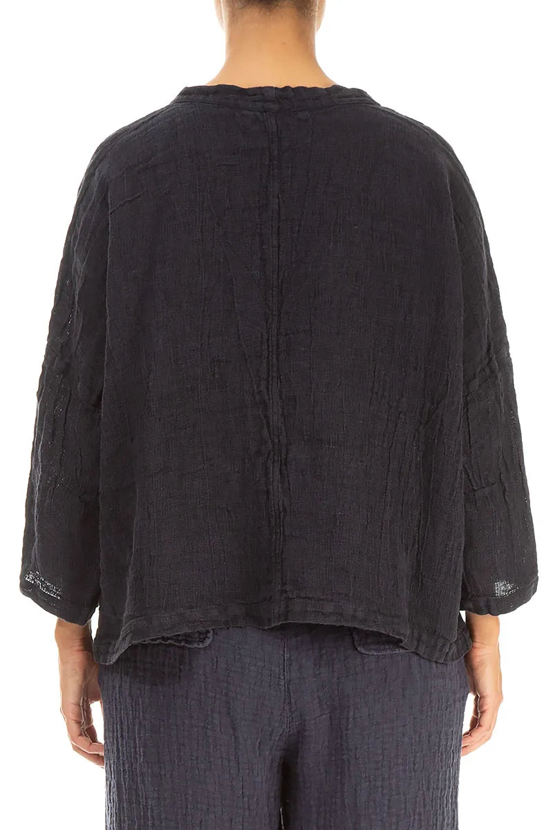 Boxy Slate Blue Mélange Linen Blouse 2
