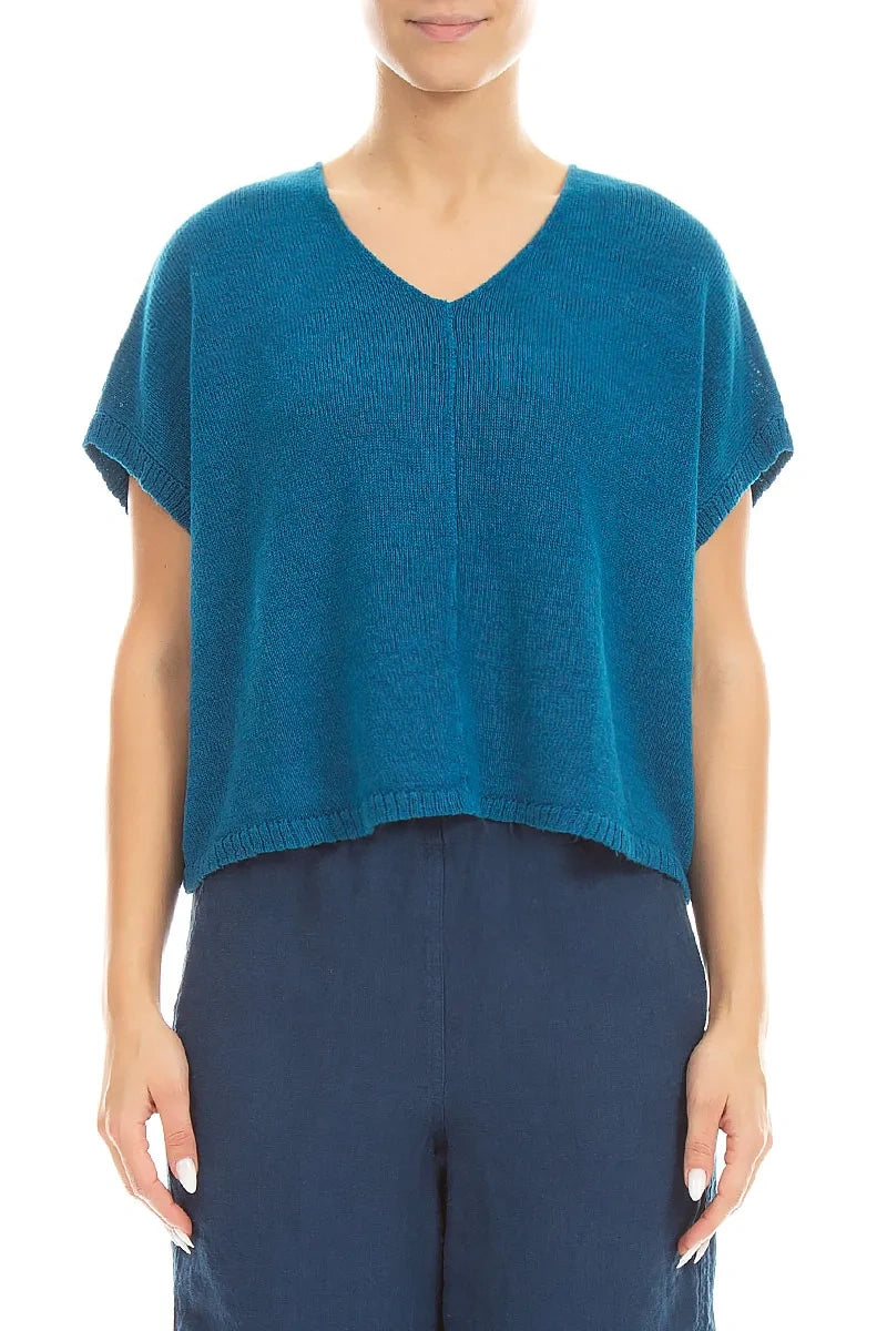 Boxy V-Neck Cobalt Blue Linen Vest 1