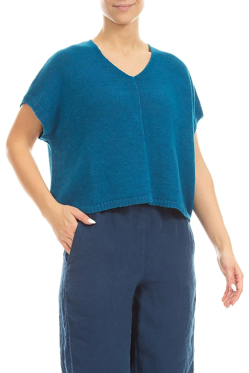 Boxy V-Neck Cobalt Blue Linen Vest 3