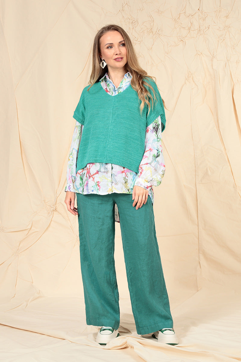 Boxy V-Neck Ocean Linen Vest 7