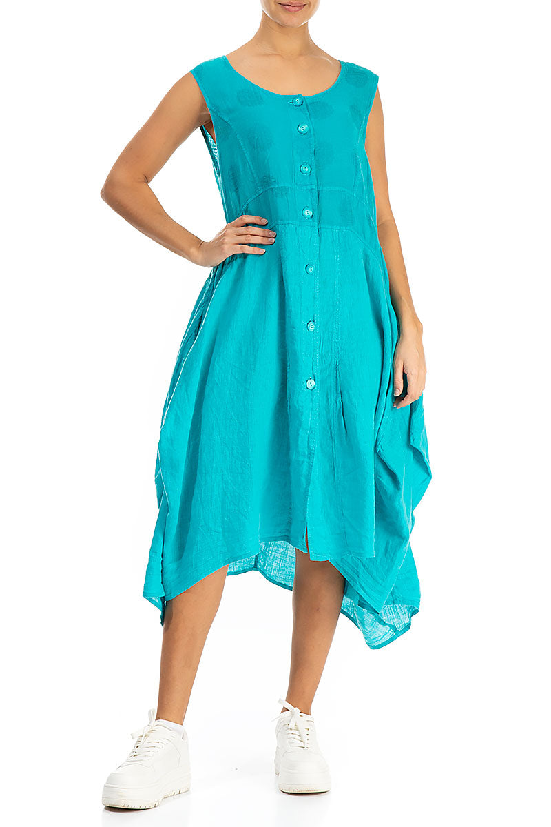 Bubble Patterned Asymmetric Turquoise Linen Dress 4