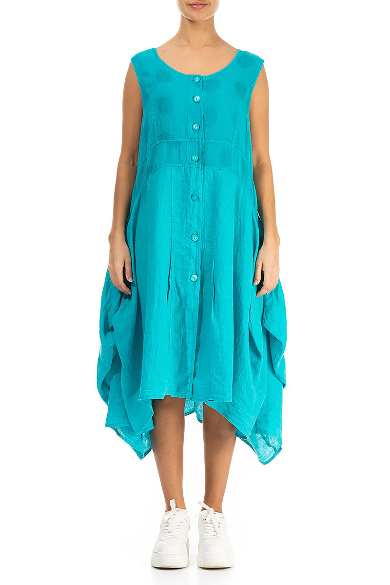 Bubble Patterned Asymmetric Turquoise Linen Dress 1