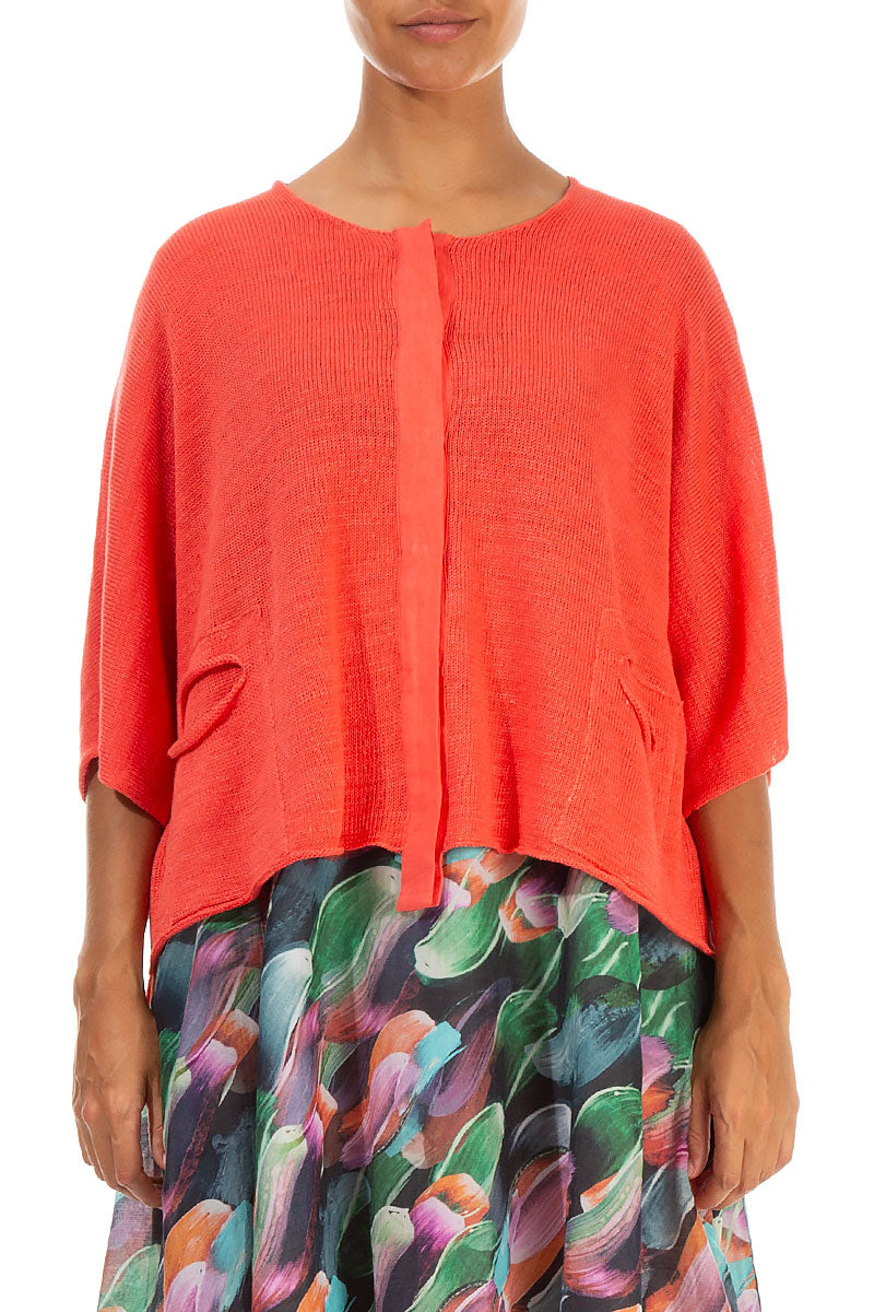 Button Band Boxy Coral Linen Cardigan