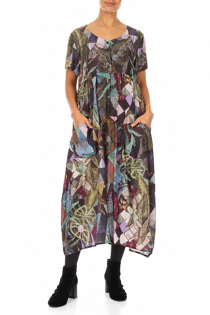 Buttoned Art Mosaic Silk Bamboo Dress 4