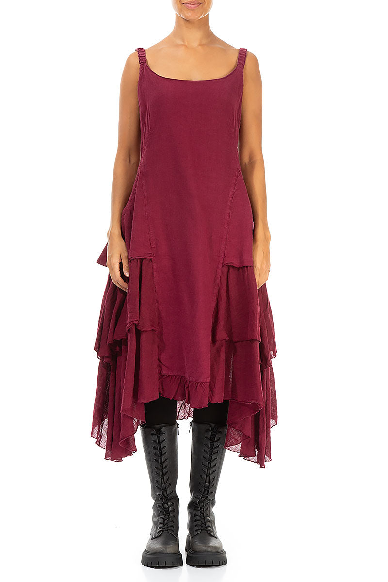 Buttoned Back Dark Red Linen Dress 1