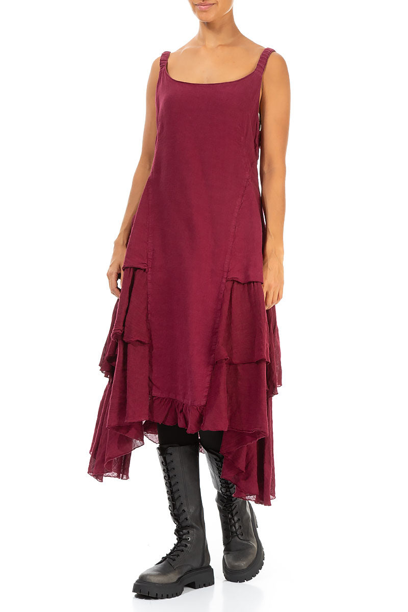 Buttoned Back Dark Red Linen Dress 3