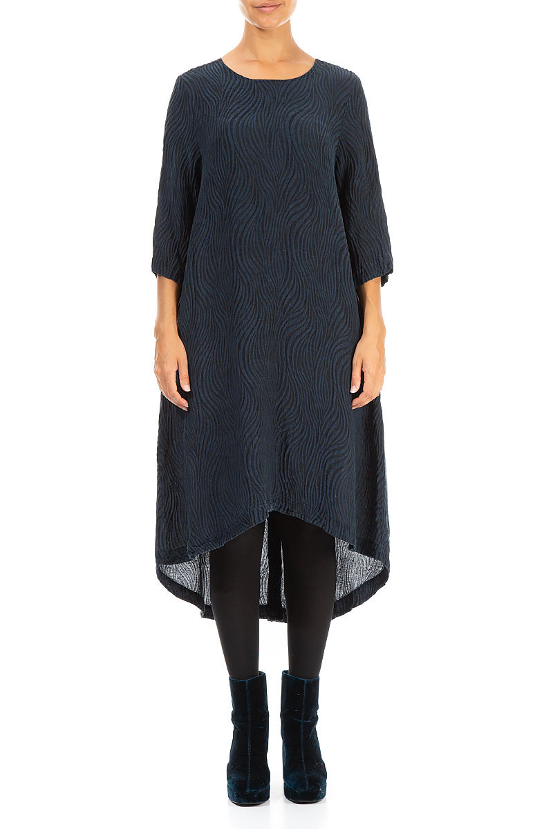 Buttoned Back Waves Navy Silk Dress 1