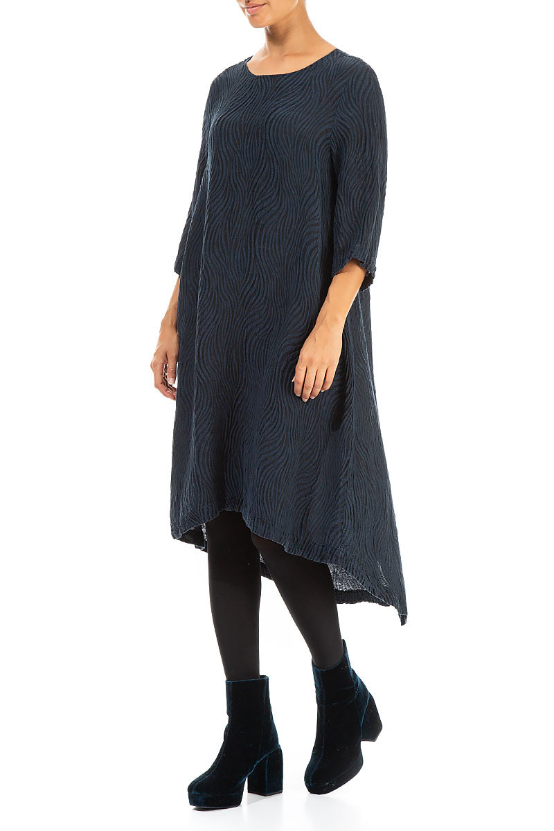 Buttoned Back Waves Navy Silk Dress 3