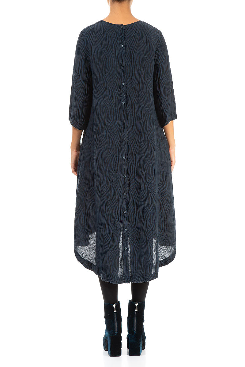 Buttoned Back Waves Navy Silk Dress 2