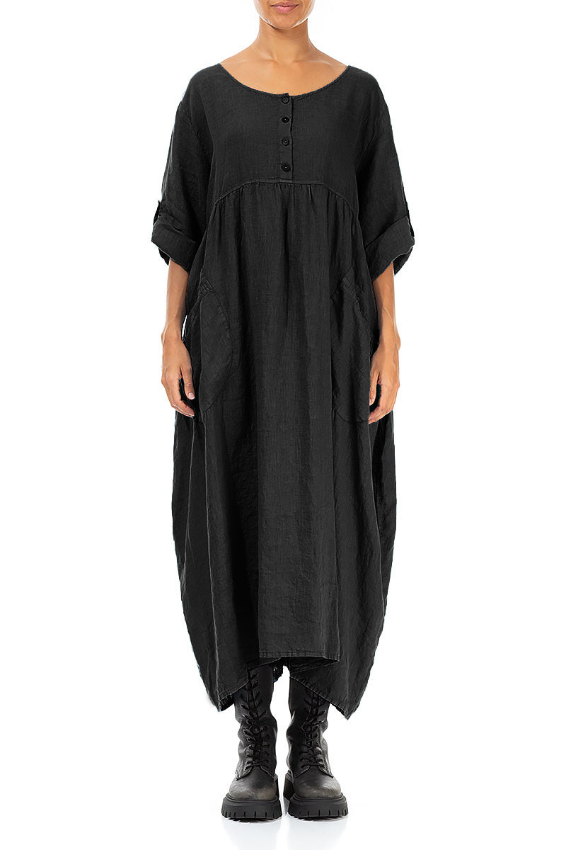 Buttoned Black Linen Dress 1