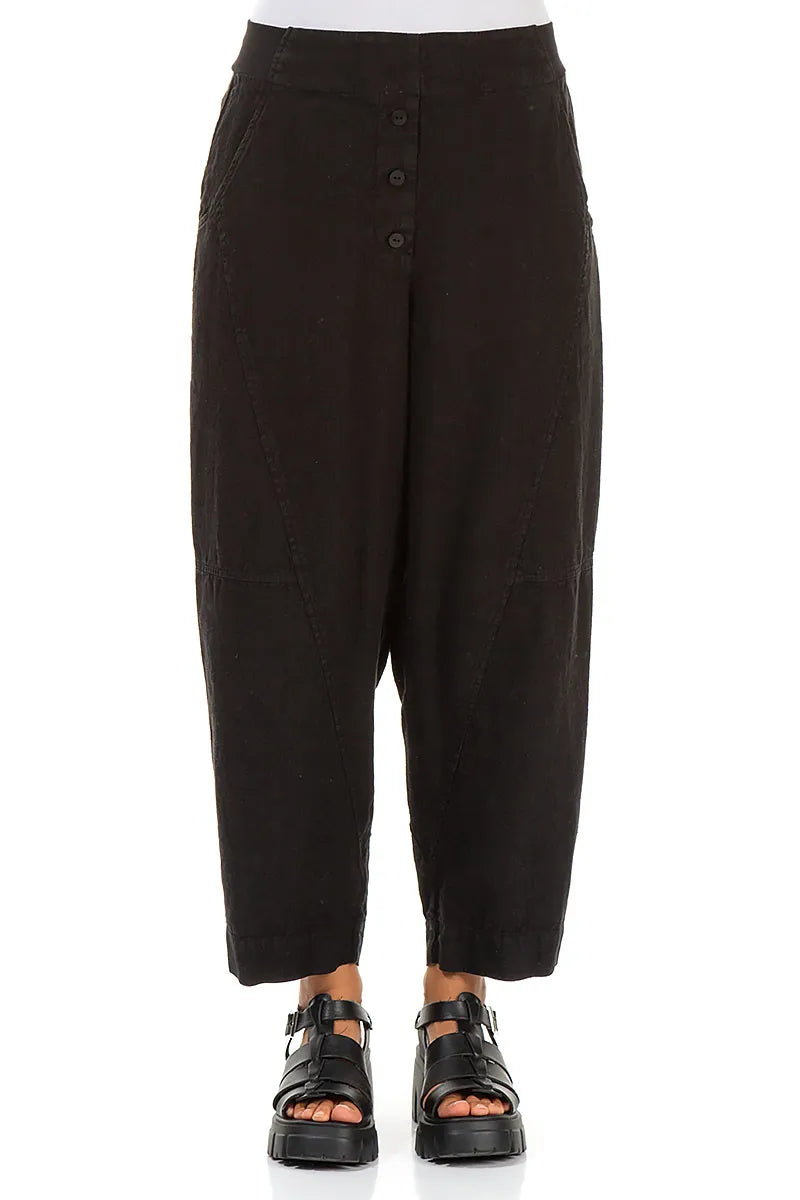 Buttoned Black Linen Trousers
