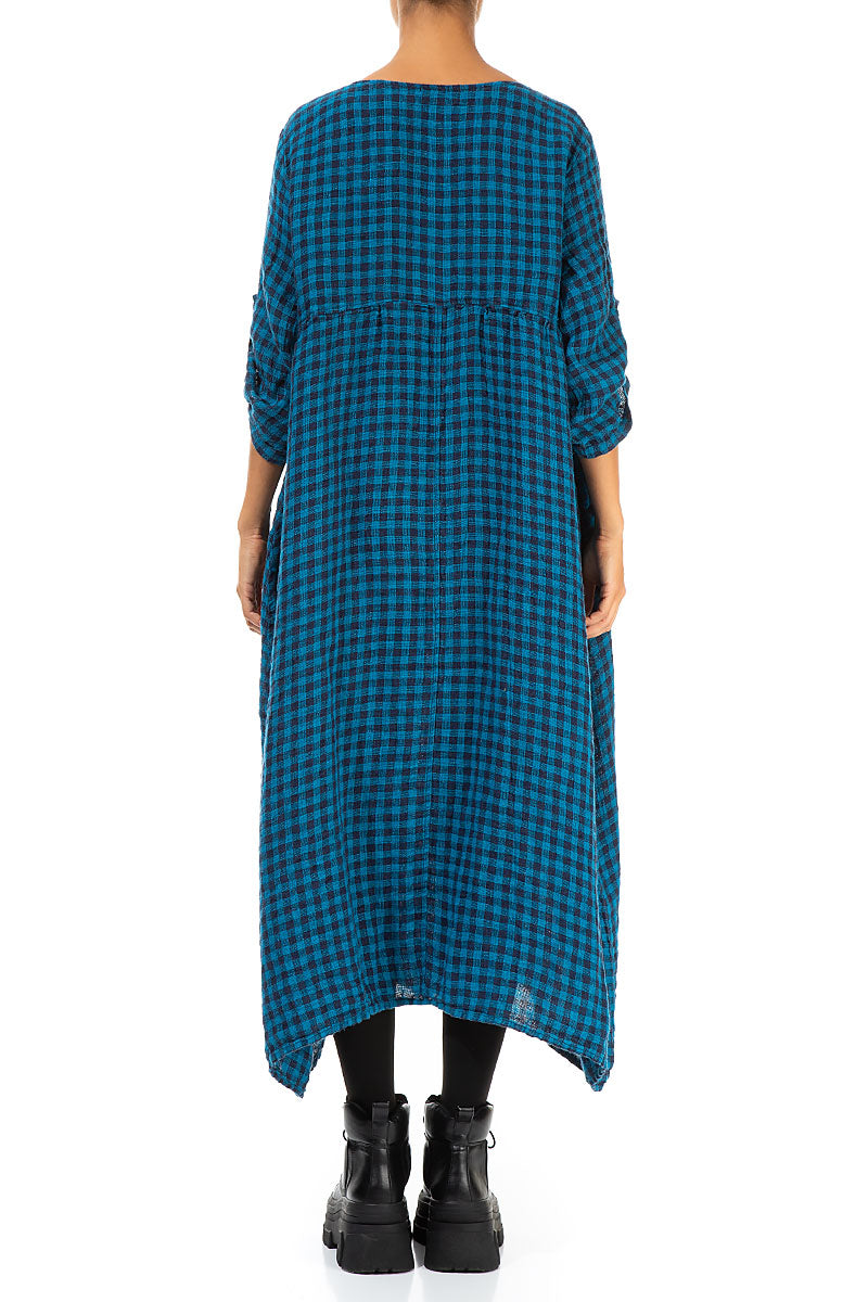 Buttoned Blue Check Linen Dress 2