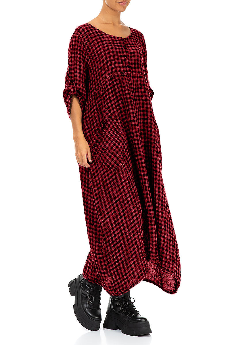 Buttoned Red Check Linen Dress 3