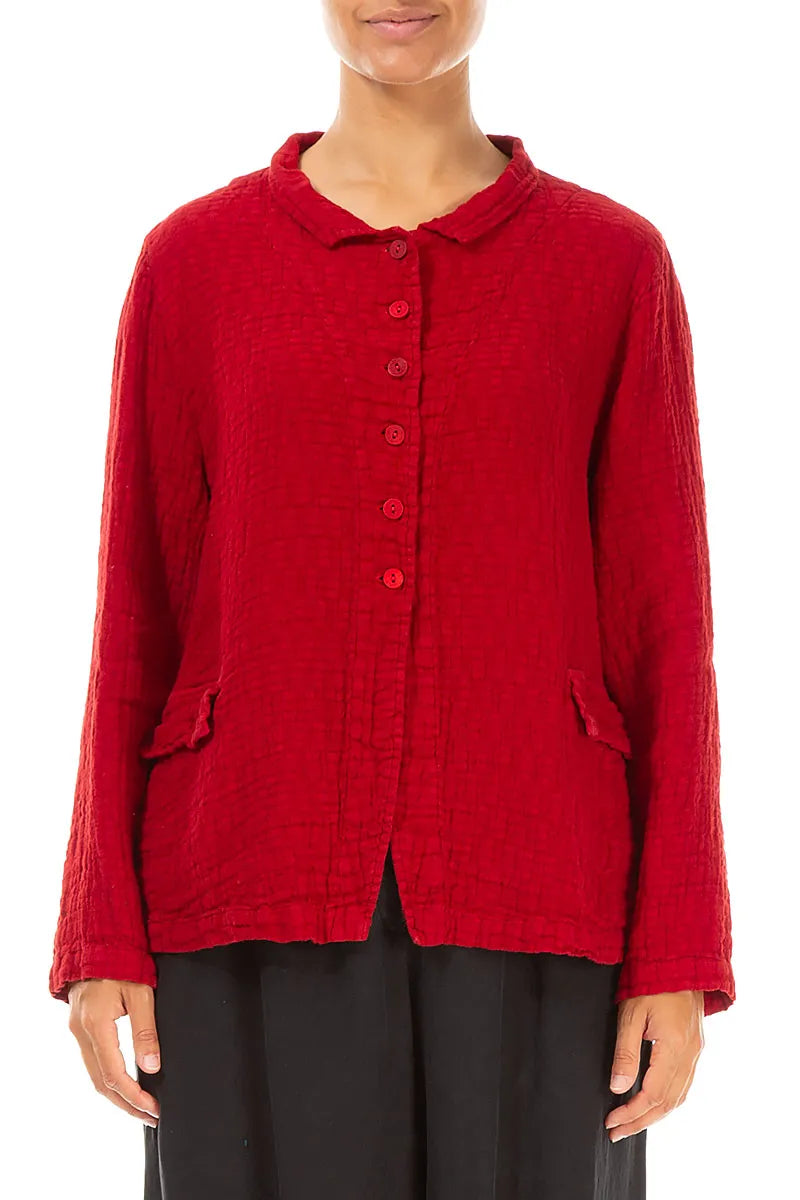 Buttoned Cherry Red Textured Linen Jacket 1