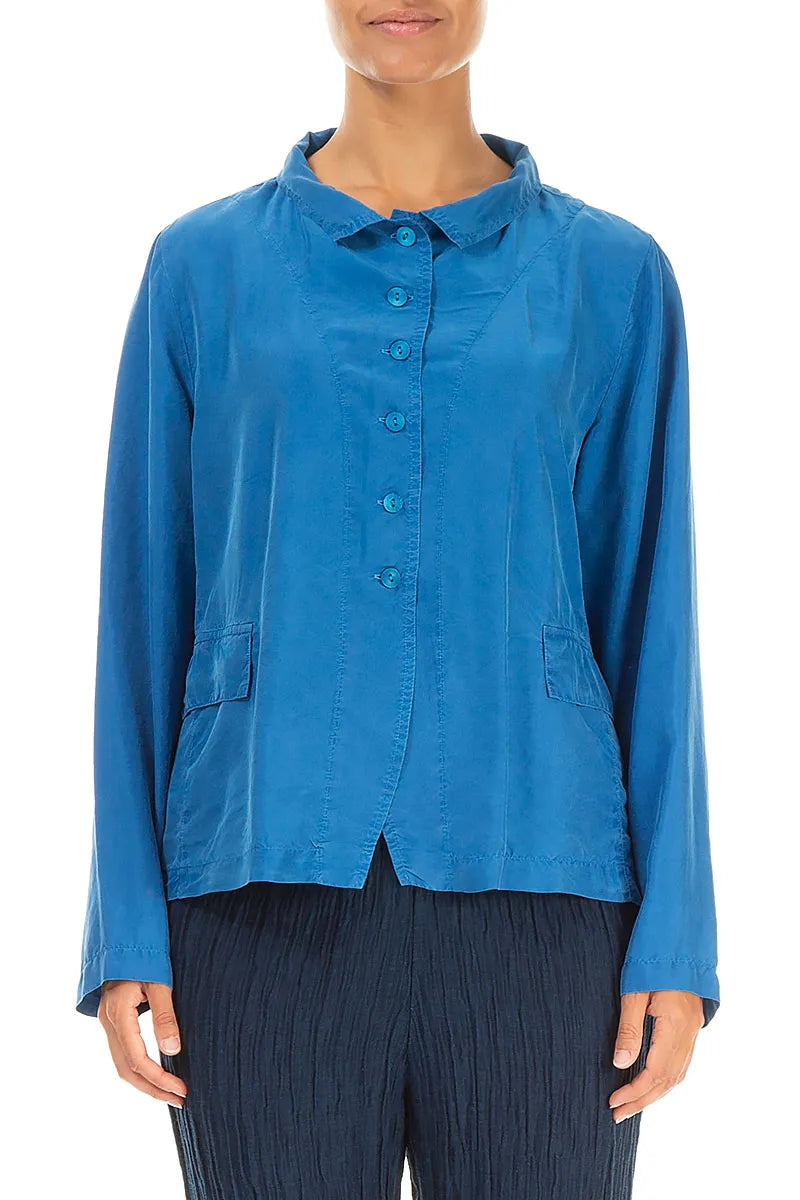 Buttoned Cobalt Blue Pure Silk Jacket