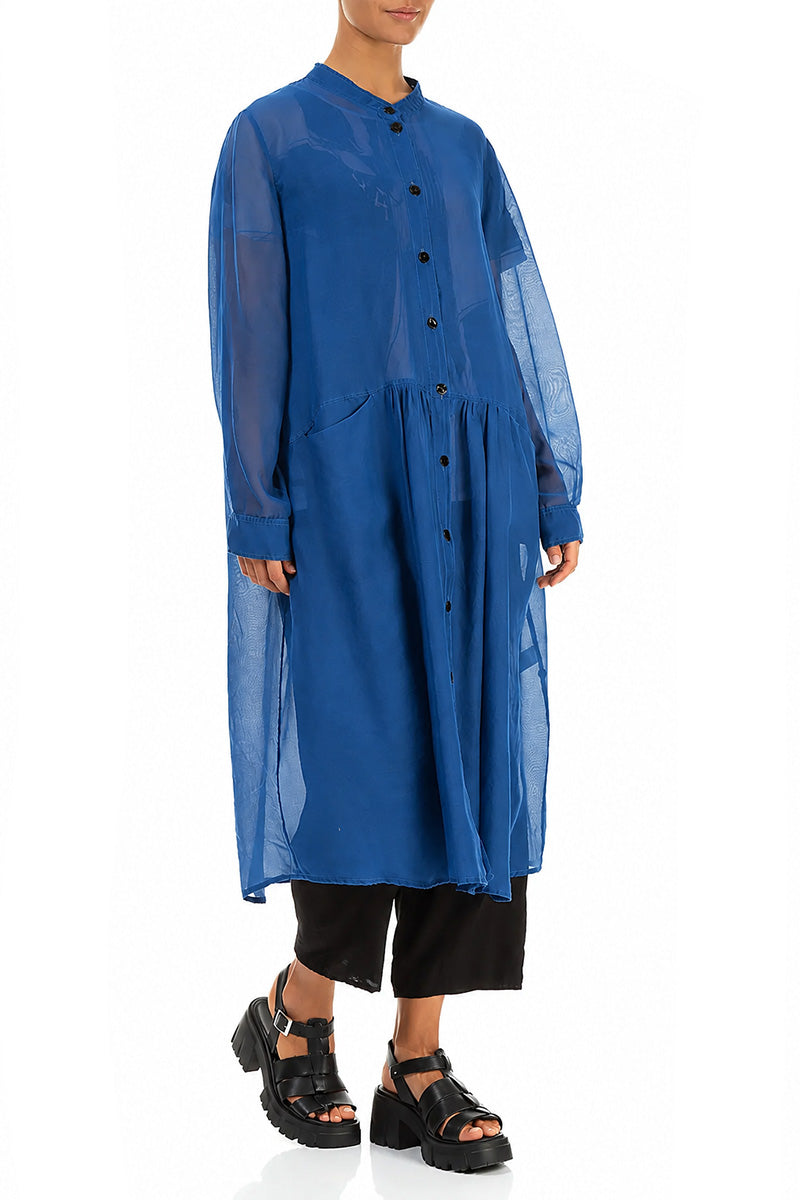 Buttoned Cobalt Blue Silk Cotton Jacket