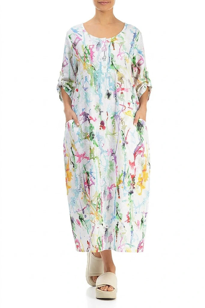 Buttoned Colour Splash Linen Dress