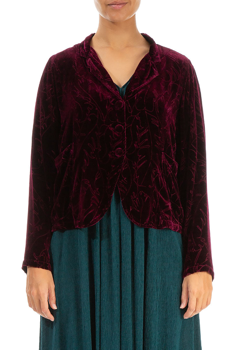 Buttoned Devoré Feather Magenta Silk Velvet Jacket 1