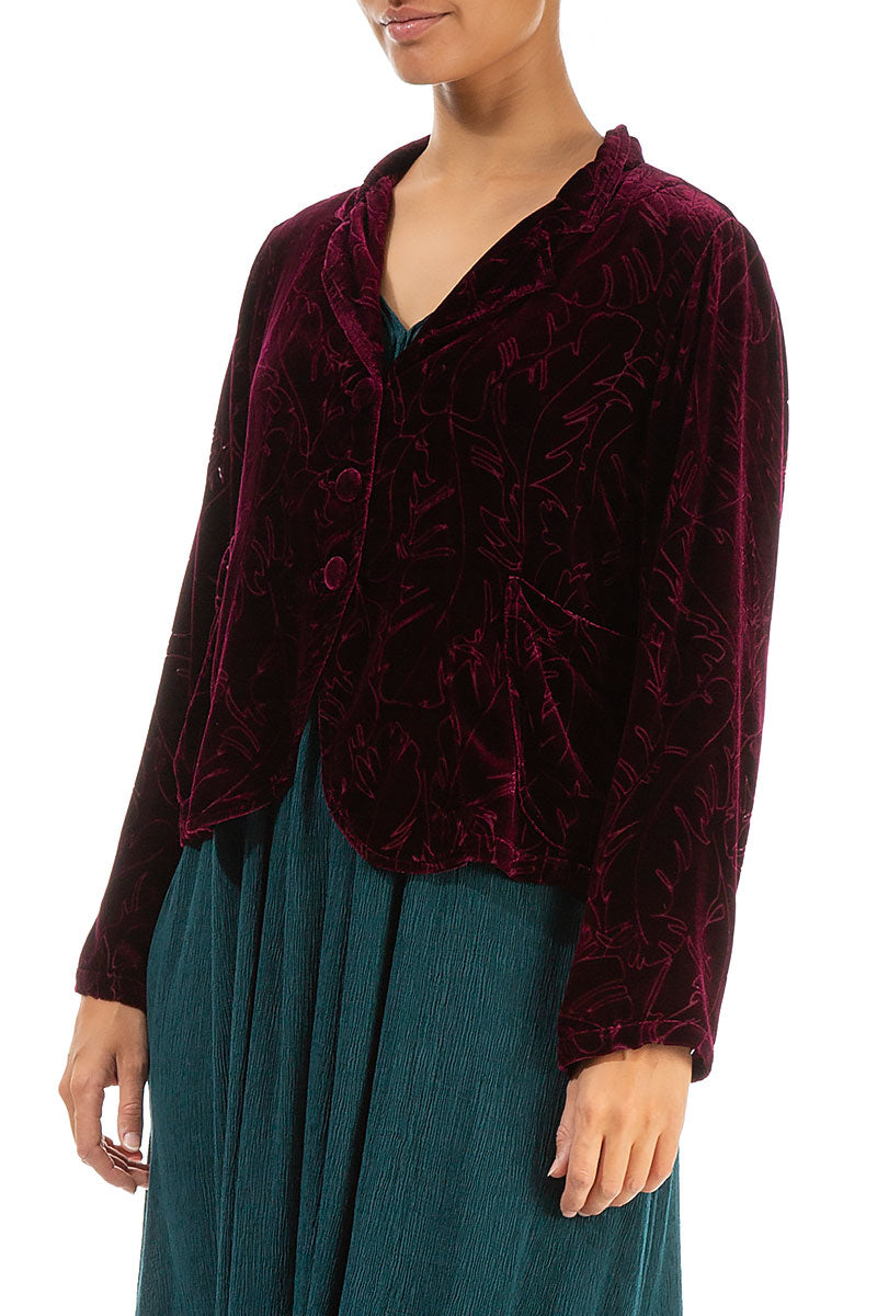 Buttoned Devoré Feather Magenta Silk Velvet Jacket 3