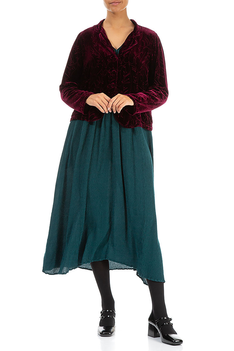 Buttoned Devoré Feather Magenta Silk Velvet Jacket 4