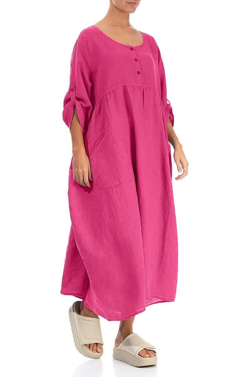 Buttoned Fuchsia Linen Dress 3