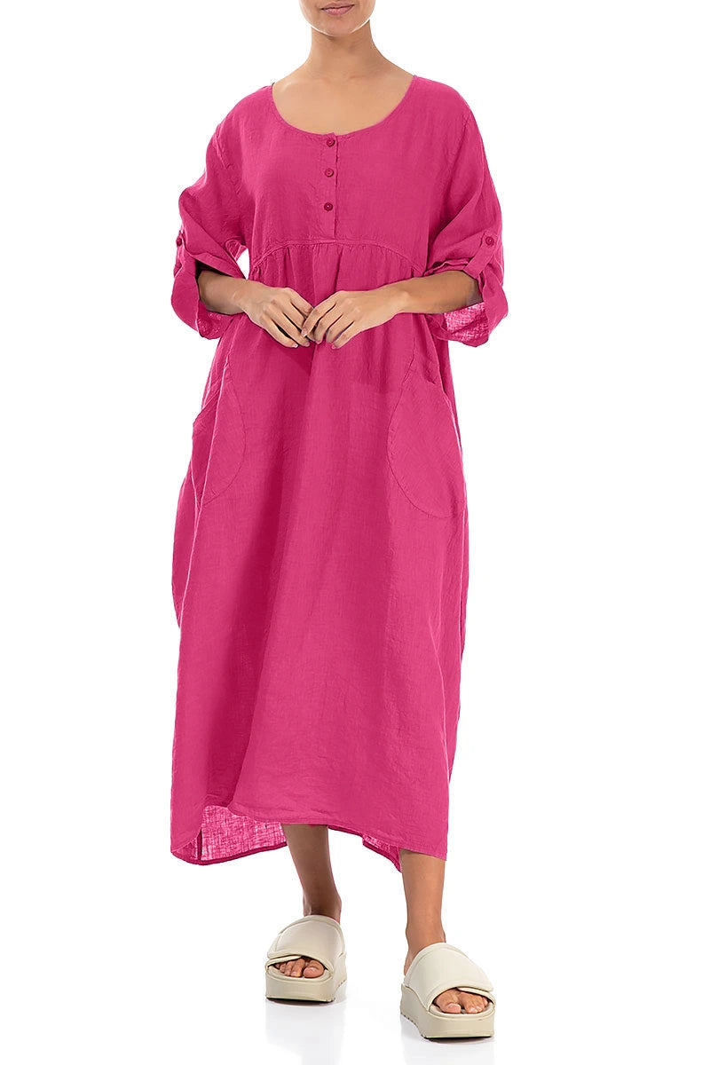 Buttoned Fuchsia Linen Dress 4