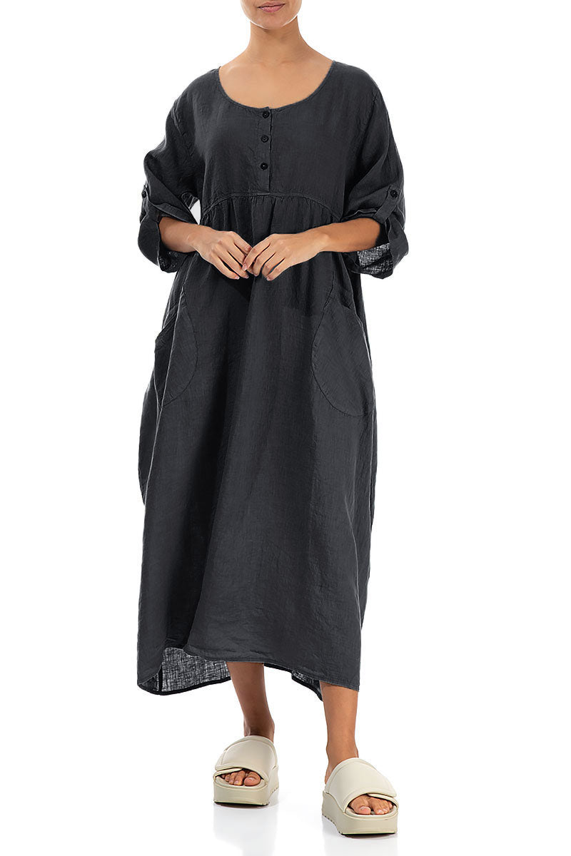 Buttoned Graphite Linen Dress 4