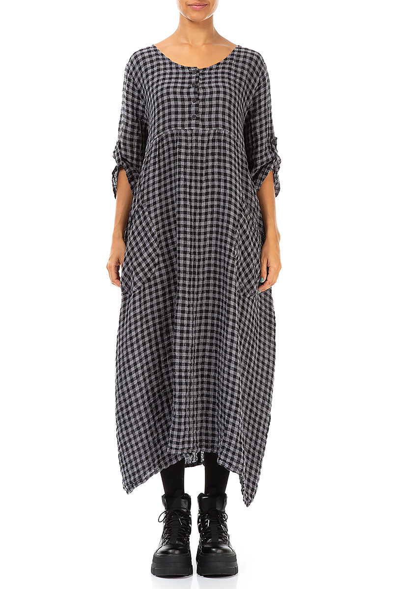 women grey check linen dress Buttoned – Material:Charmeuse Wedding Dresses Korean Sondr 38% linen ecom_Occasion_Work