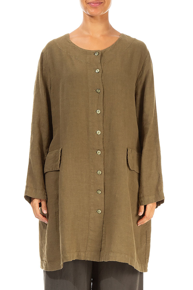 Buttoned Khaki Brown Linen Jacket 1