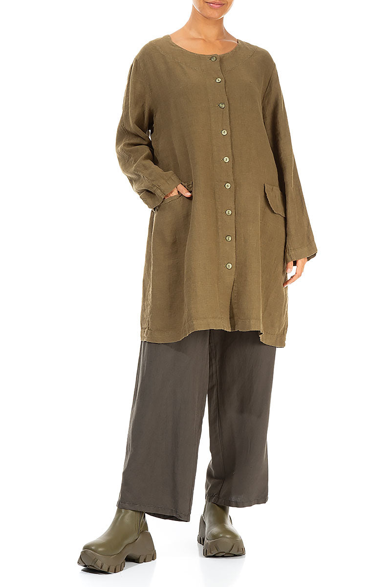 Buttoned Khaki Brown Linen Jacket 4