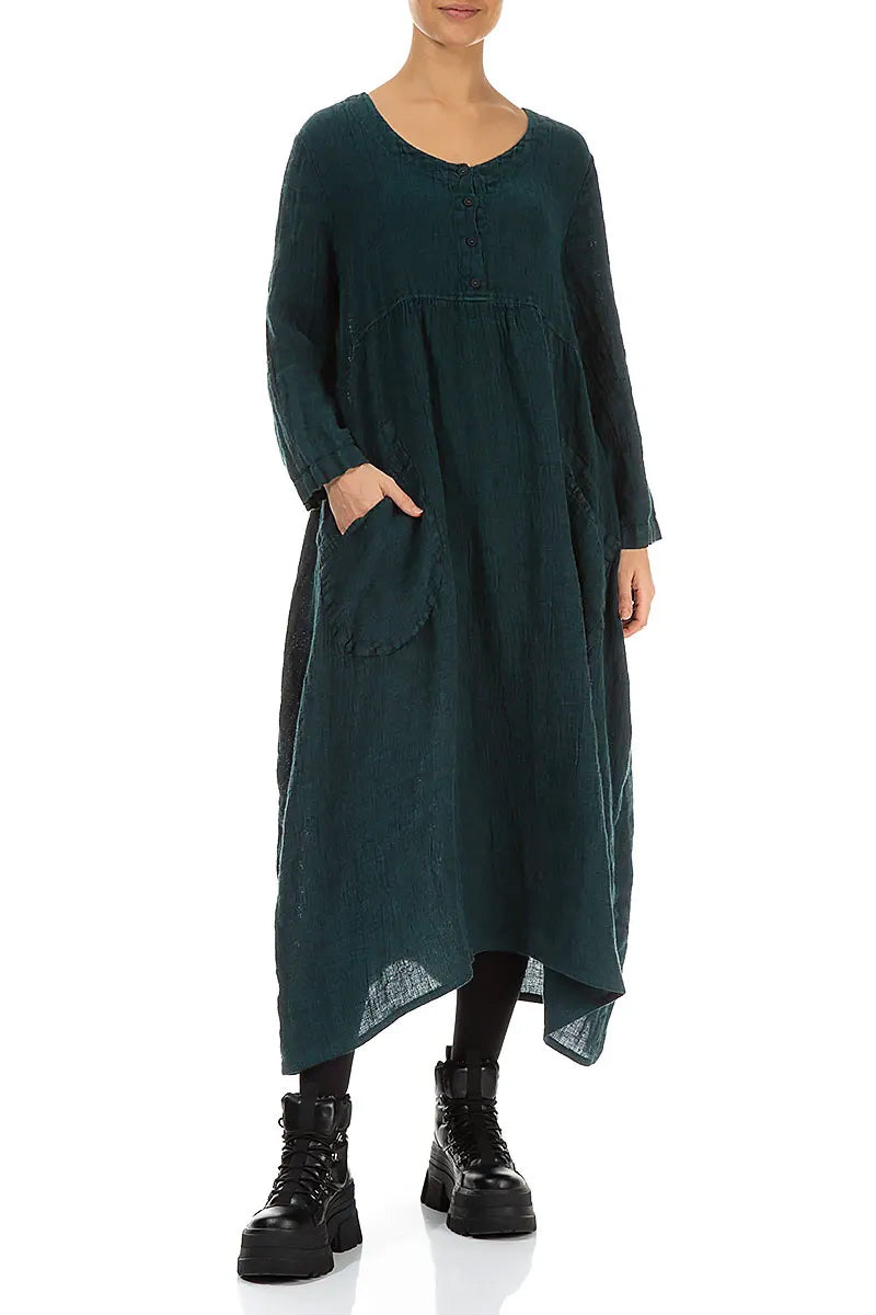Buttoned Peacock Mélange Linen Dress 3