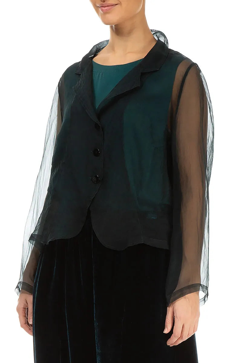 Buttoned Short Peacock Silk Chiffon Jacket 3