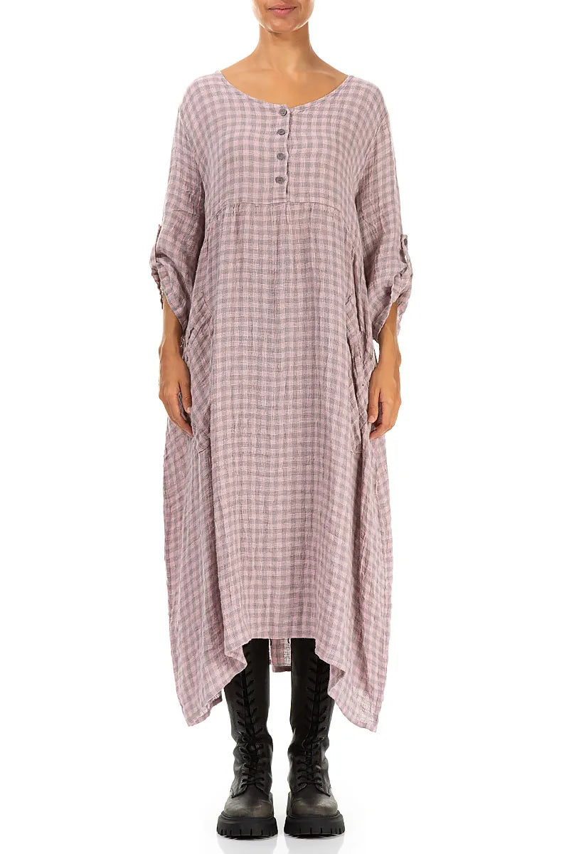 Buttoned Pink Check Linen Dress 1