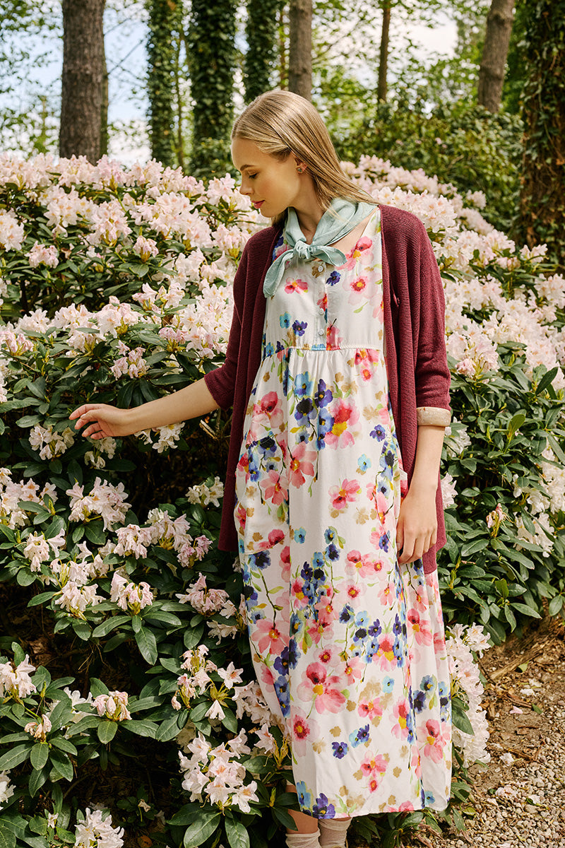 Robe Boutonnée en Soie de Bambou Imprimé Primevère