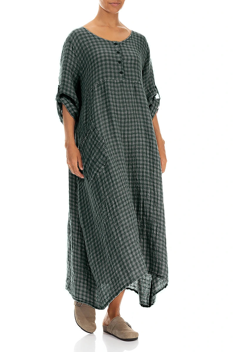Buttoned Sage Check Linen Dress 3